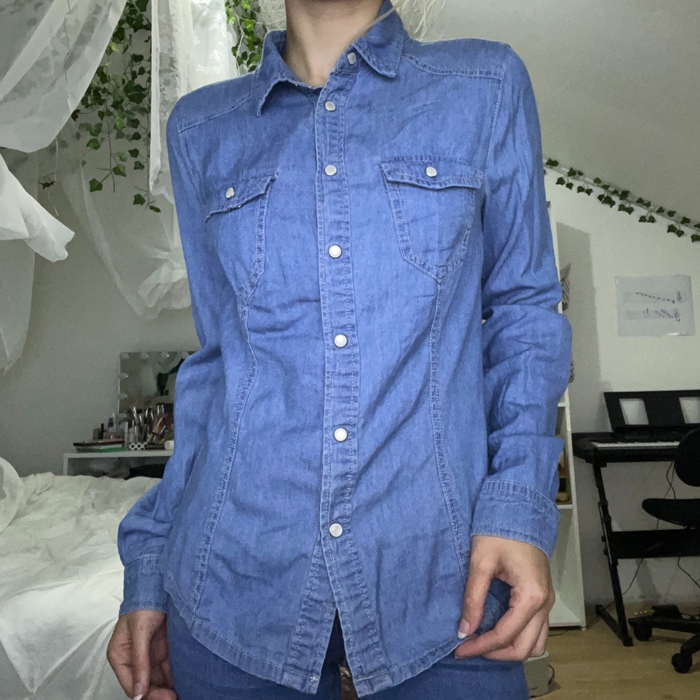 Faux denim blue collared polo shirt